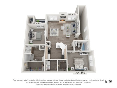 Floor plan for 2 beds, 2 baths, 1076 sqft